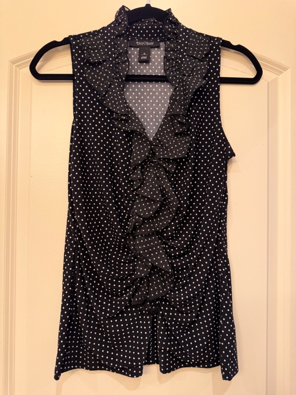 White House Black Market Black and White Polka Dot Ruffle Sleeveless Top